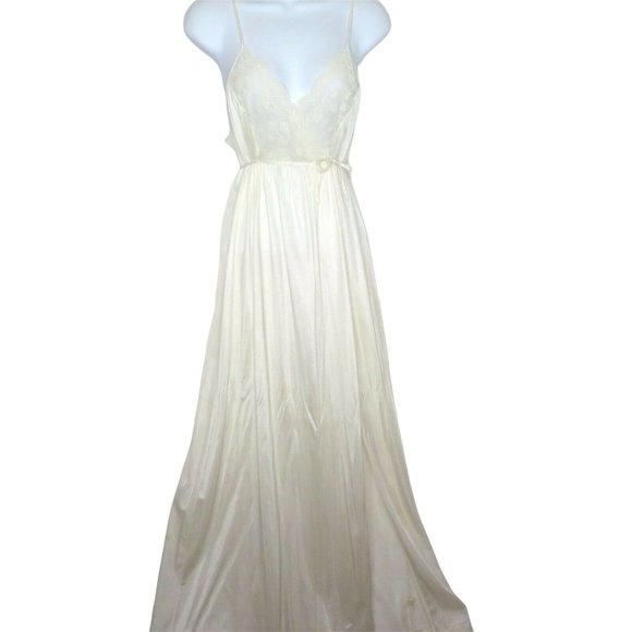 Vintage 70s Full Length Sweeping Nylon Slip Nightgown S White Lace Slit Leg Tie - Picture 9 of 12